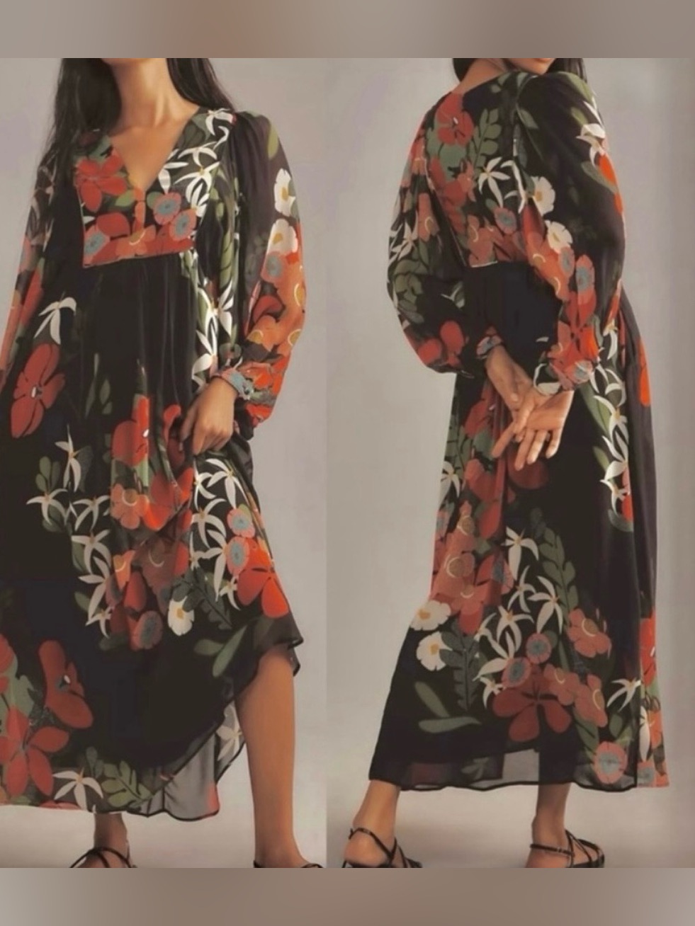 Farm Rio X Anthropologie Stunning Black Floral Kaftan Maxi Dress - S